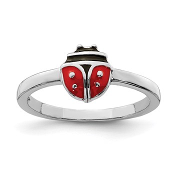 Sterling Silver Rhod-plated Polished and Enameled Ladybug Children's Ring