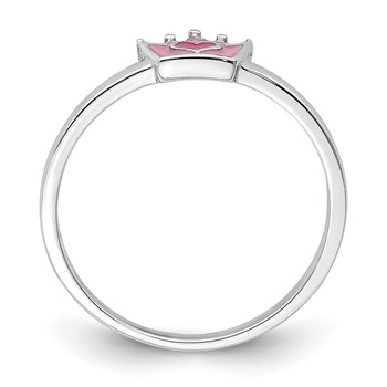 Sterling Silver Rhodium-plated Polished Pink Enamel Crown Children's Ring — alternate view