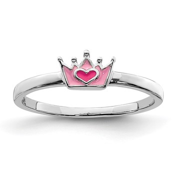 Sterling Silver Rhodium-plated Polished Pink Enamel Crown Children's Ring