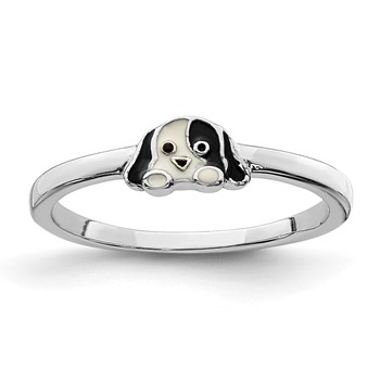 Sterling Silver RH-plated Black and White Enameled Puppy Children's Ring