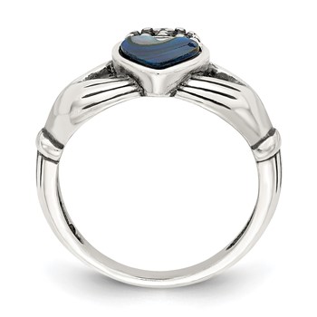 Sterling Silver Antiqued Abalone Inlay and Black Enamel Claddagh Ring — alternate view