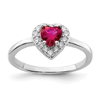 Sterling Silver Rhodium-plated Lab Cr Corundum and CZ Heart Ring