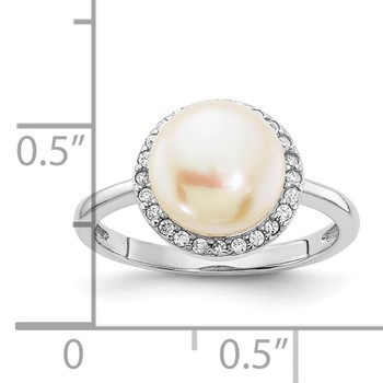 Sterling Silver Rhodium-plated 9-10mm Button White Freshwater Cultured Pearl and CZ Ring — alternate view