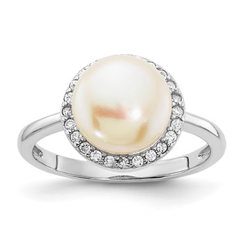 Sterling Silver Rhodium-plated 9-10mm Button White Freshwater Cultured Pearl and CZ Ring