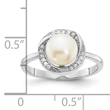 Sterling Silver Rhodium-plated 7-8mm Button White Freshwater Cultured Pearl and CZ Ring — alternate view