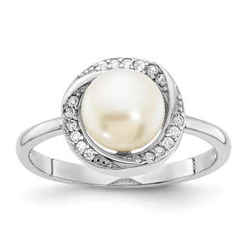 Sterling Silver Rhodium-plated 7-8mm Button White Freshwater Cultured Pearl and CZ Ring