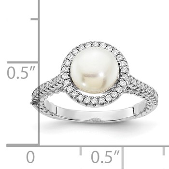 Sterling Silver Rhodium-plated 7-8mm Button White Freshwater Cultured Pearl and CZ Ring — alternate view