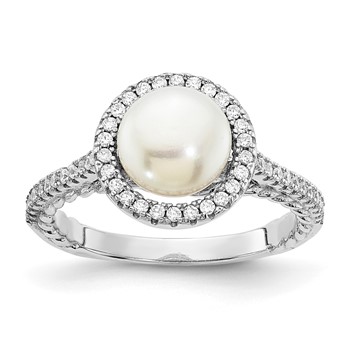 Sterling Silver Rhodium-plated 7-8mm Button White Freshwater Cultured Pearl and CZ Ring