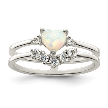 Sterling Silver CZ and Heart Created White Opal Double Band Ring