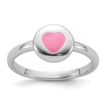 Sterling Silver Rhodium-plated Polished Pink Enamel Heart Children's Ring