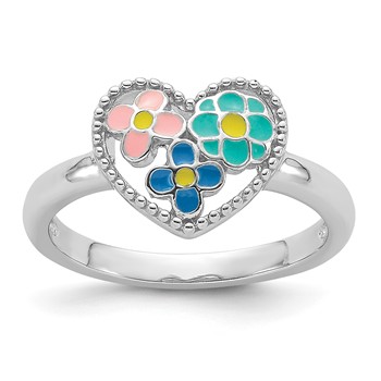 Sterling Silver RH-plated Beaded and Enameled Floral Heart Children's Ring