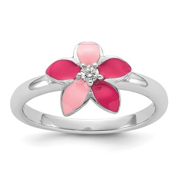 Sterling Silver RH-plated Pink Enameled and CZ Flower Children's Ring