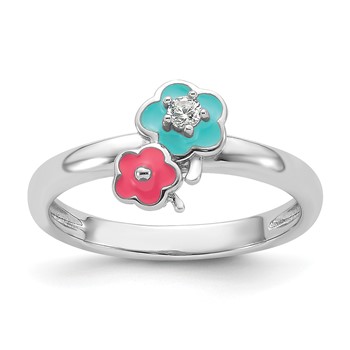 Sterling Silver RH-plated Blue/Pink Enameled and CZ Floral Children's Ring