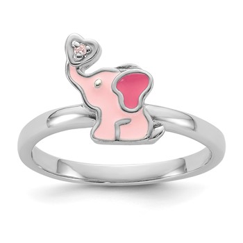Sterling Silver Rhodium-plated Pink Enamel and CZ Elephant Children's Ring