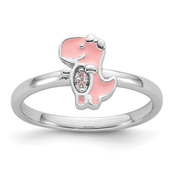 Sterling Silver Rhodium-plated Pink Enamel and CZ Dinosaur Children's Ring