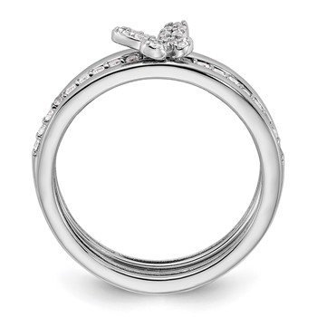 Sterling Silver RH-plated CZ Butterfly Ring with Two Plain Bands 3 Ring Set — alternate view