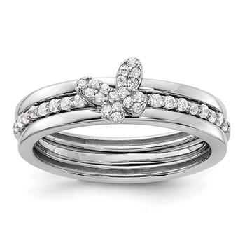 Sterling Silver RH-plated CZ Butterfly Ring with Two Plain Bands 3 Ring Set