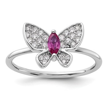 Sterling Silver Rhodium-plated Red and White CZ Butterfly Ring