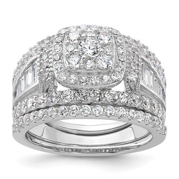 Sterling Silver Rhodium-plated CZ Engagement Ring w/2 Bands 3 Ring Set