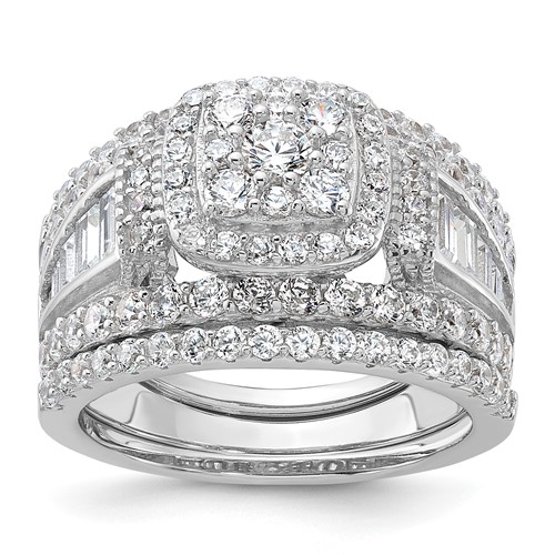 Sterling Silver Rhodium-plated CZ Engagement Ring w/2 Bands 3 Ring Set