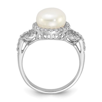 Sterling Silver Rhodium-plated 9-10mm White Button Freshwater Cultured Pearl and CZ Ring — alternate view