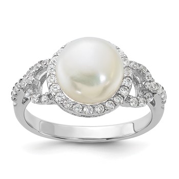Sterling Silver Rhodium-plated 9-10mm White Button Freshwater Cultured Pearl and CZ Ring