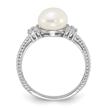 Sterling Silver Rhodium-plated 8-9mm White Button Freshwater Cultured Pearl and CZ Ring — alternate view