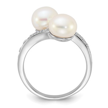 Sterling Silver Rhodium-plated 8-9mm White Button Freshwater Cultured Pearl and CZ Bypass Ring — alternate view