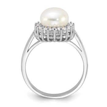 Sterling Silver Rhodium-plated 8-9mm White Freshwater Cultured Pearl and CZ Ring — alternate view
