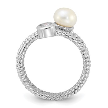 Sterling Silver Rhodium-plated 6-7mm White Freshwater Cultured Pearl and CZ 3 Ring Set — alternate view