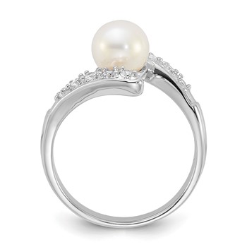 Sterling Silver Rhodium-plated 6-7mm White Freshwater Cultured Pearl and CZ Bypass Ring — alternate view