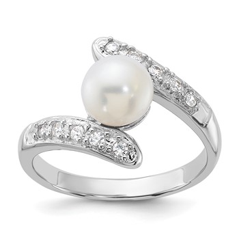 Sterling Silver Rhodium-plated 6-7mm White Freshwater Cultured Pearl and CZ Bypass Ring