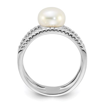 Sterling Silver Rhodium-plated 8-9mm White Freshwater Cultured Pearl and CZ Ring — alternate view