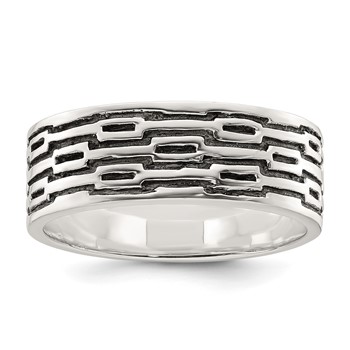 Sterling Silver Polished Oxidized Patterned Men's Band Ring