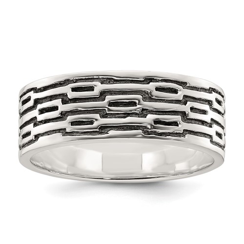 Sterling Silver Polished Oxidized Patterned Men's Band Ring