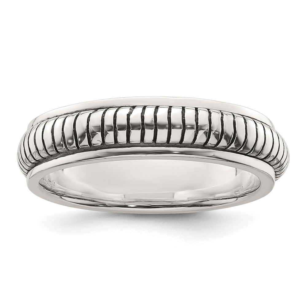 Sterling Silver Polished Oxidized Half Round Patterned Men's Ring