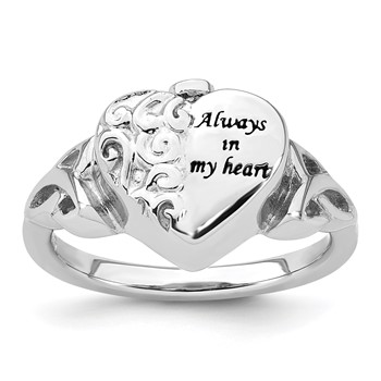 Sterling Silver Rhod-plated Enameled Celtic Knot Heart ALWAYS IN MY HEART Ash Holder Size 6 Ring