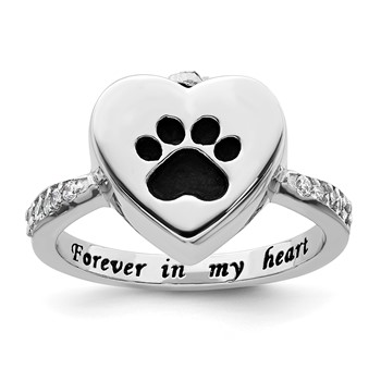 Sterling Silver Rhodium-plated CZ Shank Heart Enameled Paw Print FOREVER IN MY HEART (Inside) Ash Holder Size 6 Ring