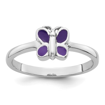 Sterling Silver Rhodium-plated Children's Size 3 Purple Enamel Butterfly Ring