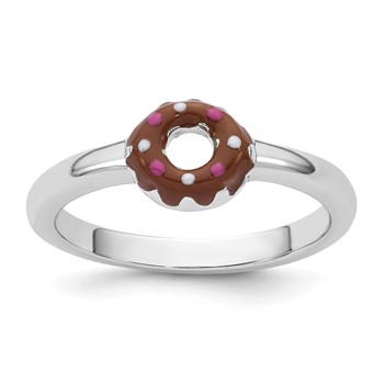 Sterling Silver Rhodium-plated Children's Size 3 Brown with Pink and White Enamel Sprinkled Donut Ring