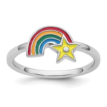 Sterling Silver Rhodium-plated Children's Size 3 Multicolored Enameled Rainbow with Star Ring