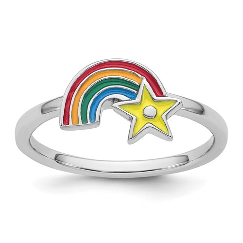Sterling Silver Rhodium-plated Children's Enameled Rainbow with Star Ring
