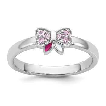 Sterling Silver Rhodium-plated Children's Size 3 Pink CZ with Pink and White Enamel Bow Ring