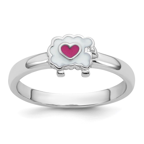 Sterling Silver Rhodium-plated Enamel Sheep w/Heart Size 3 Ring