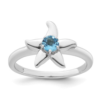 Sterling Silver Rhodium-plated Polished Round Light Swiss Blue Topaz Starfish Ring