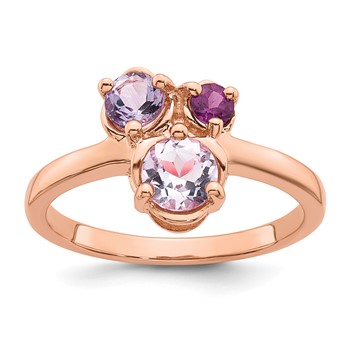 "Sterling Silver Rose Gold-plated Polished Round Amethyst, Pink Quartz and Rhodolite Garnet Size 6 Ring"