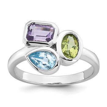"Sterling Silver Rhodium-plated Polished Pear Blue Topaz, Oval Peridot and Emerald-cut Amethyst Size 8 Ring"