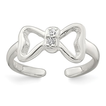 Sterling Silver Polished CZ Bow Adjustable Toe Ring