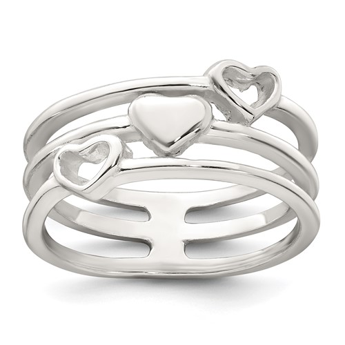 Sterling Silver Polished Hearts 3 Band Ring