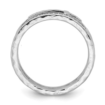 Sterling Silver Rhodium-plated Polished CZ and Hammered Cross Double Band Size 6 Ring — alternate view